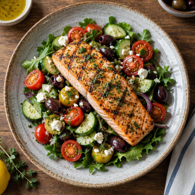 Grilled salmon over Mediterranean salad