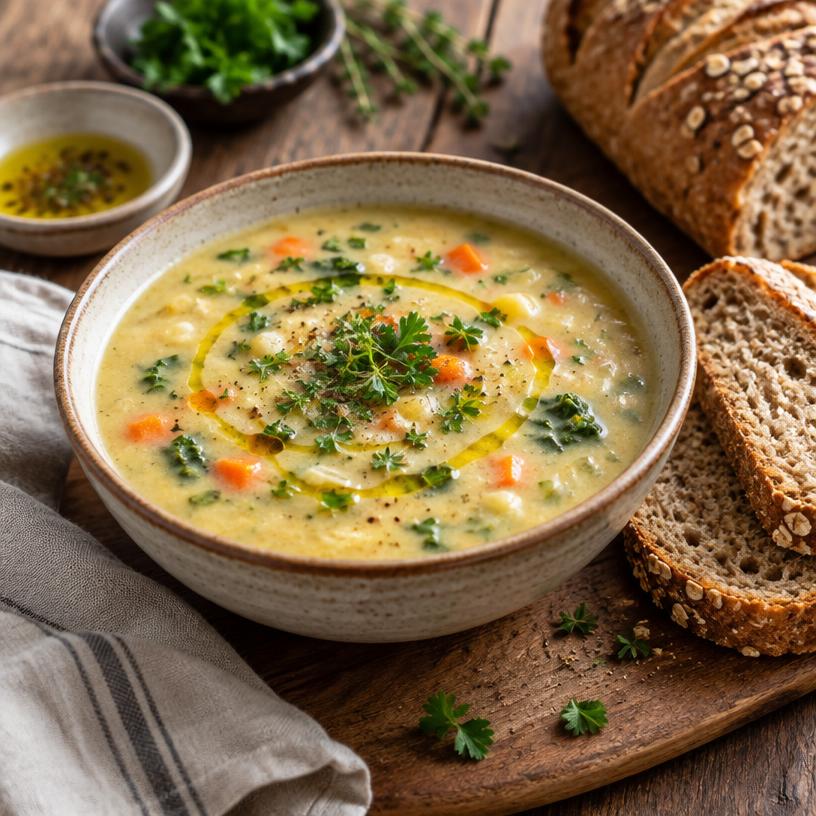 Creamy vegetable soup with olive oil