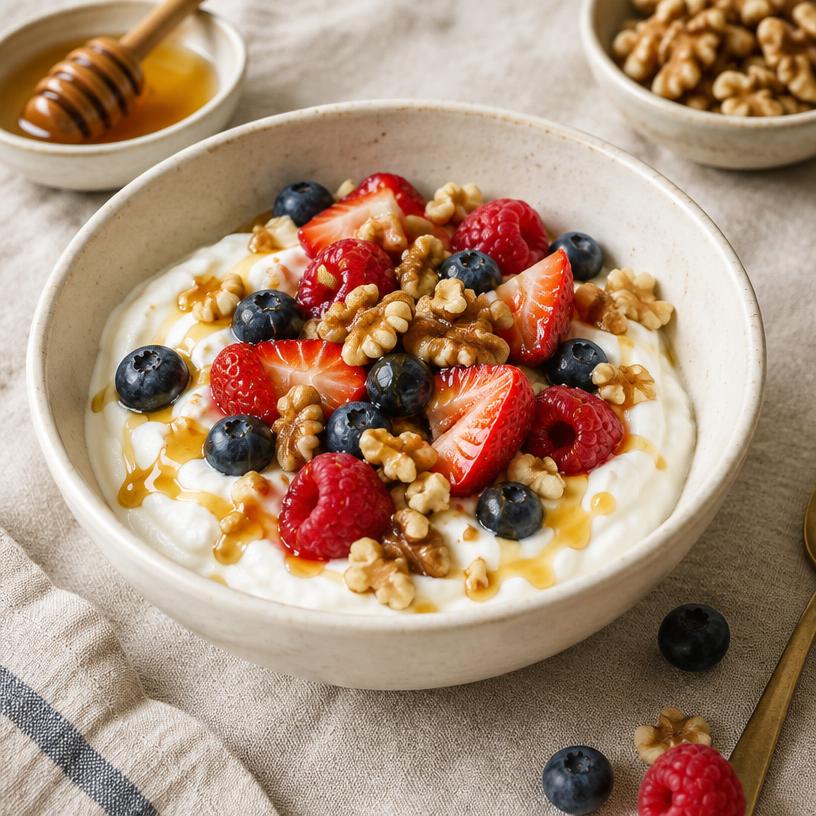 Greek yogurt bowl with berries and honey