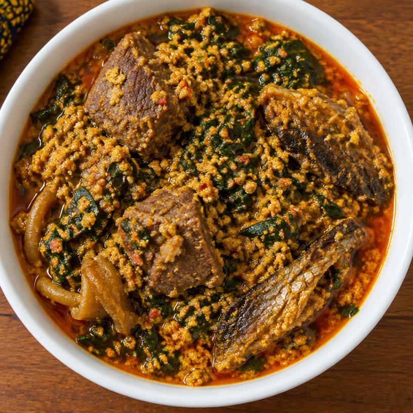 Nigerian Egusi soup with palm oil and greens
